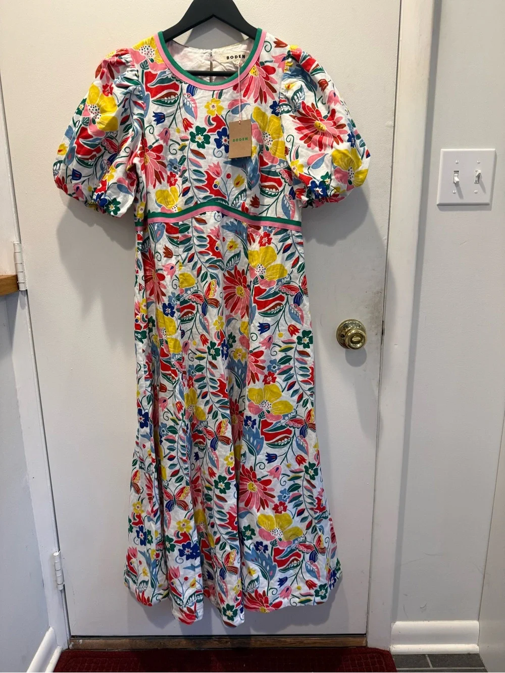 Boden Floral Puff-Sleeve Midi Dress in White with Red, Yellow & Blue - Picture 1 of 7